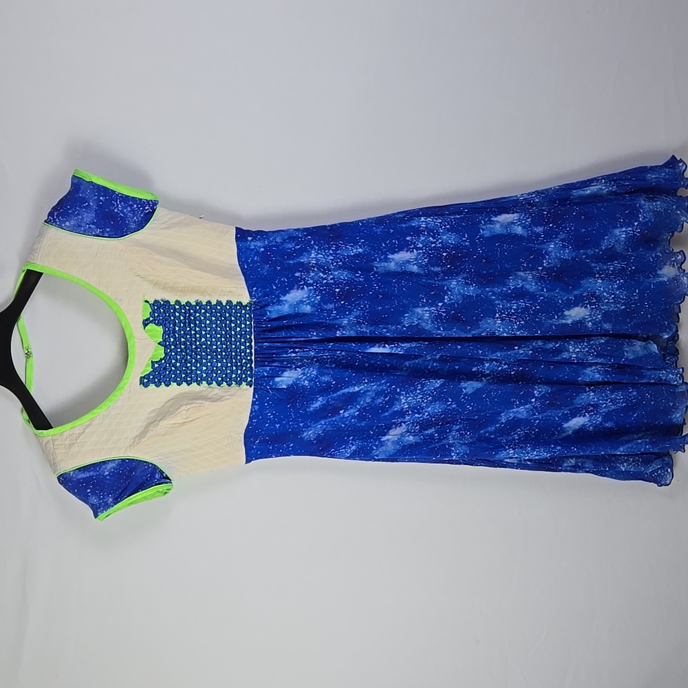Klara Blue Galaxy Print Silk Dress Sz S Boho Bodice Neon Green Trim Short Sleeve